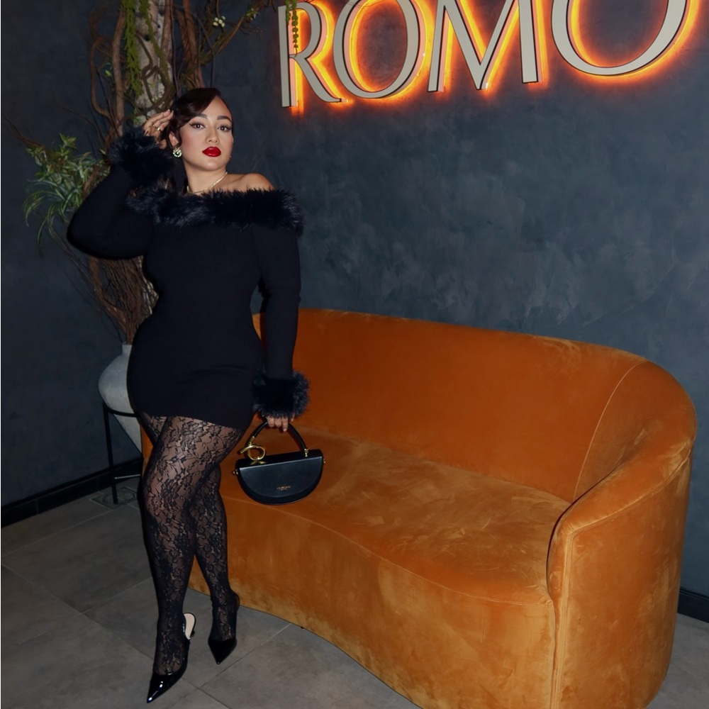Fashion Nova Black Off-Shoulder Faux Fur Trim Mini Dress